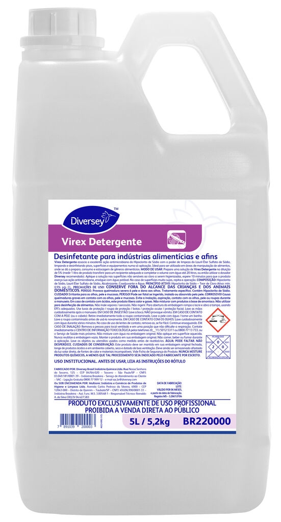 VIREX DETERGENTE 4x5L - DESINFETANTE PARA INDÚSTRIAS ALIMENTÍCIAS E AFINS